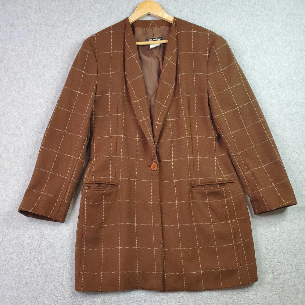 Giorgio Armani Blazer Womens 44 (Fits 40) Brown Cashmere Windowpane Italy Made